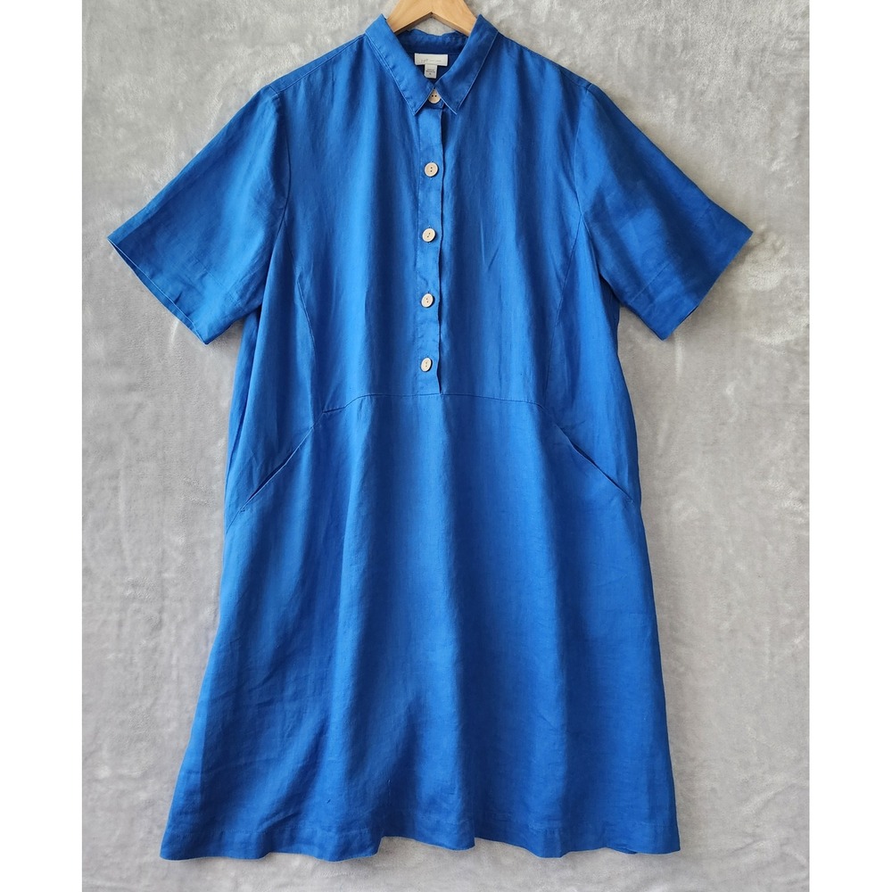 J. Jill Love Linen Dress Womens Size XL Royal Blue Button Shirt Pockets 100%